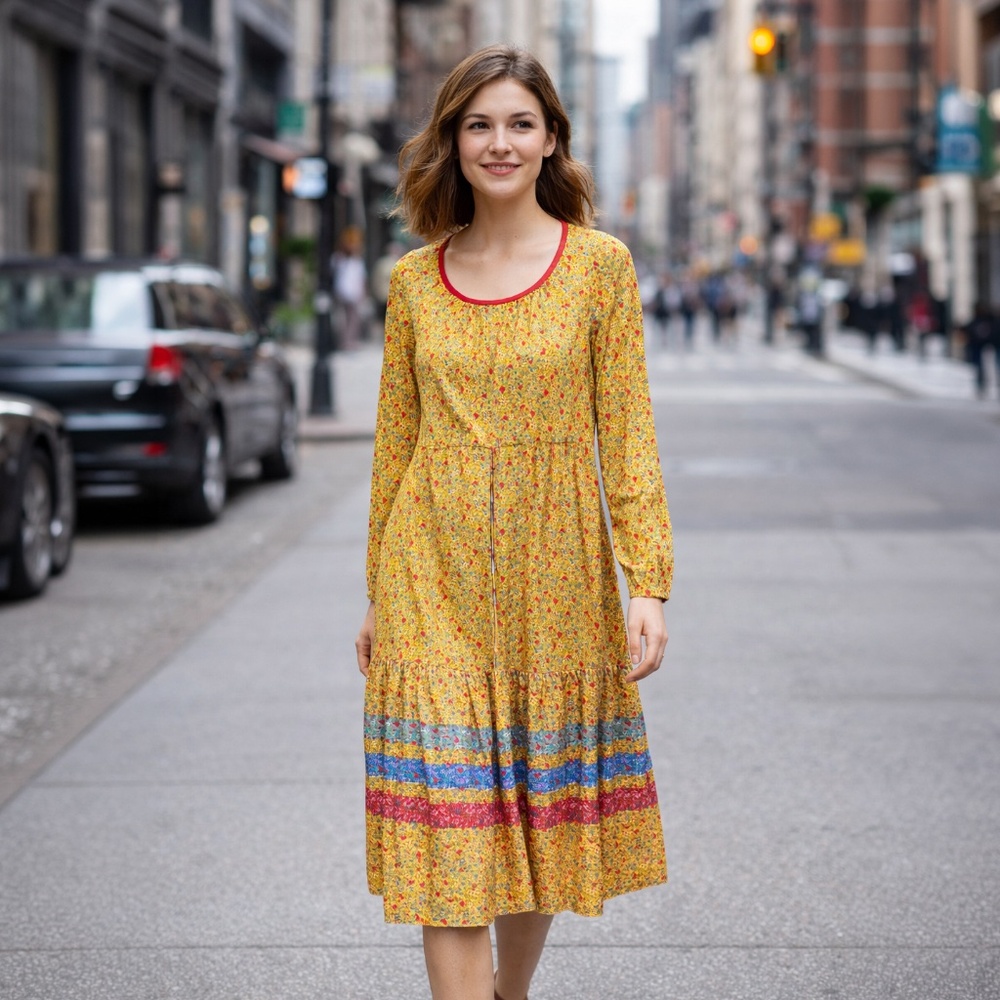 JERELL Vintage (1970s) Yellow Floral and Stripe Midi Dress (EUC)